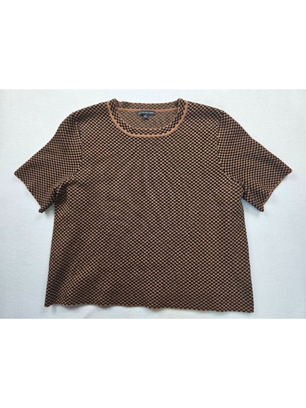 Adrianna Papell L Brown & Black Checkered Short Sleeve Sweater Knit Top